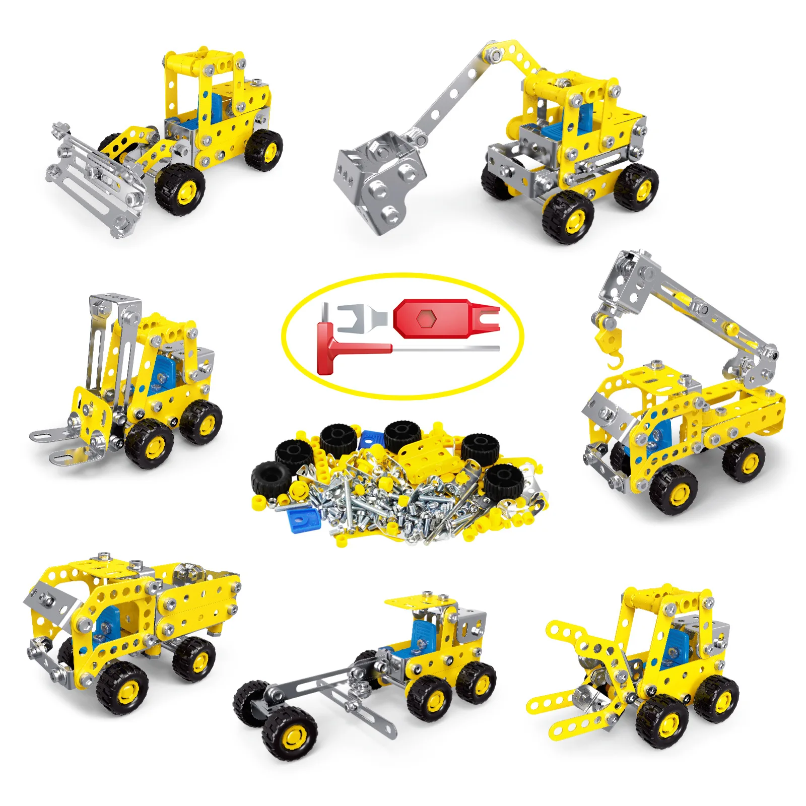 Metal Assembly Building Block Fire Truck Model Crane Excavator Bulldozer Engineering Vehicle Set DIY Screw Nut Alloy Toy for Boy