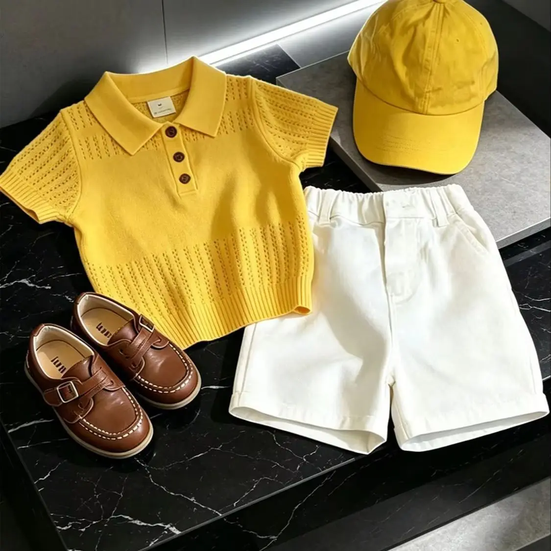 Boys Summer Clothing Sets New Arrival Hollow Out Ice Silk Polo Shirt Yellow Knitted Short Sleeve and Casual Shorts Suit 2 Pcs