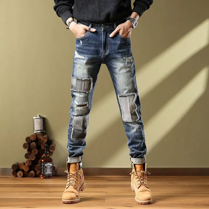 

Autumn and Winter Jeans for Men's Design with Embroidery Slim Fit, Small Feet Pants Handsome Ripped Scratched Beggar Pants