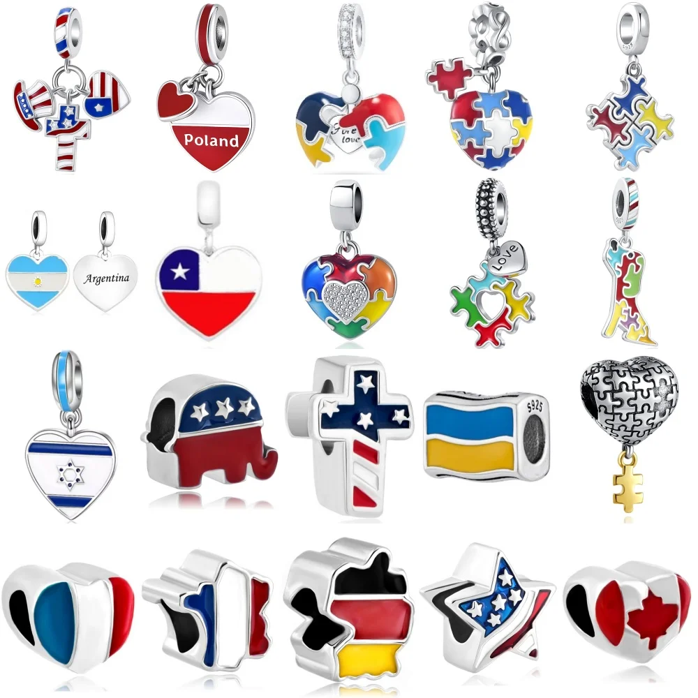 المبيعات الساخنة 925 الفضة ، على شكل قلب العلم الوطني ، لغز قلادة بها خرزات ، الأوروبي الأصلي سوار DIY التبعي ، مجوهرات رائعة