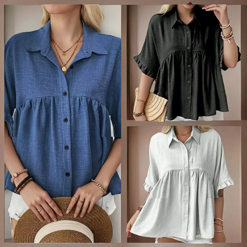 

20252025 New European and American Style Loose Ruffle Cuff Casual Summer Lace Short Sleeve Shirt