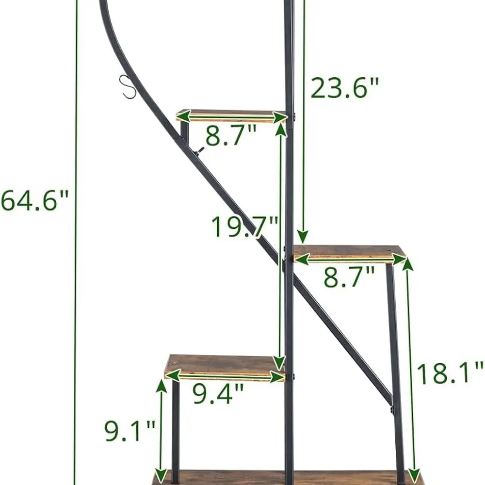 6-stufiger Halbherz-Pflanzenständer für Außenräume – schwarzes Metall und Holz, 22 B x 11 T x 66 H
