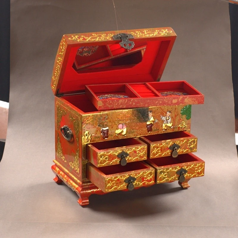 Large 4-drawer cosmetic jewelry box, gold and jade powder stacking process storage box