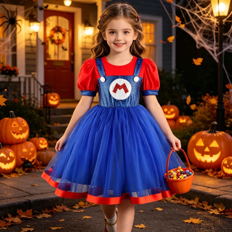 Girls Super Bros Work Girl Costume For Kids Halloween Cosplay Suspender Skirt Outfits Cosplay Plumber Costumes Bros Dress