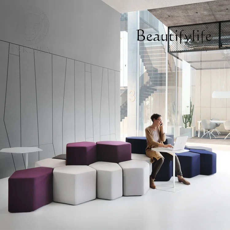 Creative Designer Fashion Furniture Hexagonal Fabric a Block of Wood Or Stone Shopping Mall Waiting Area Leisure Soft Stool