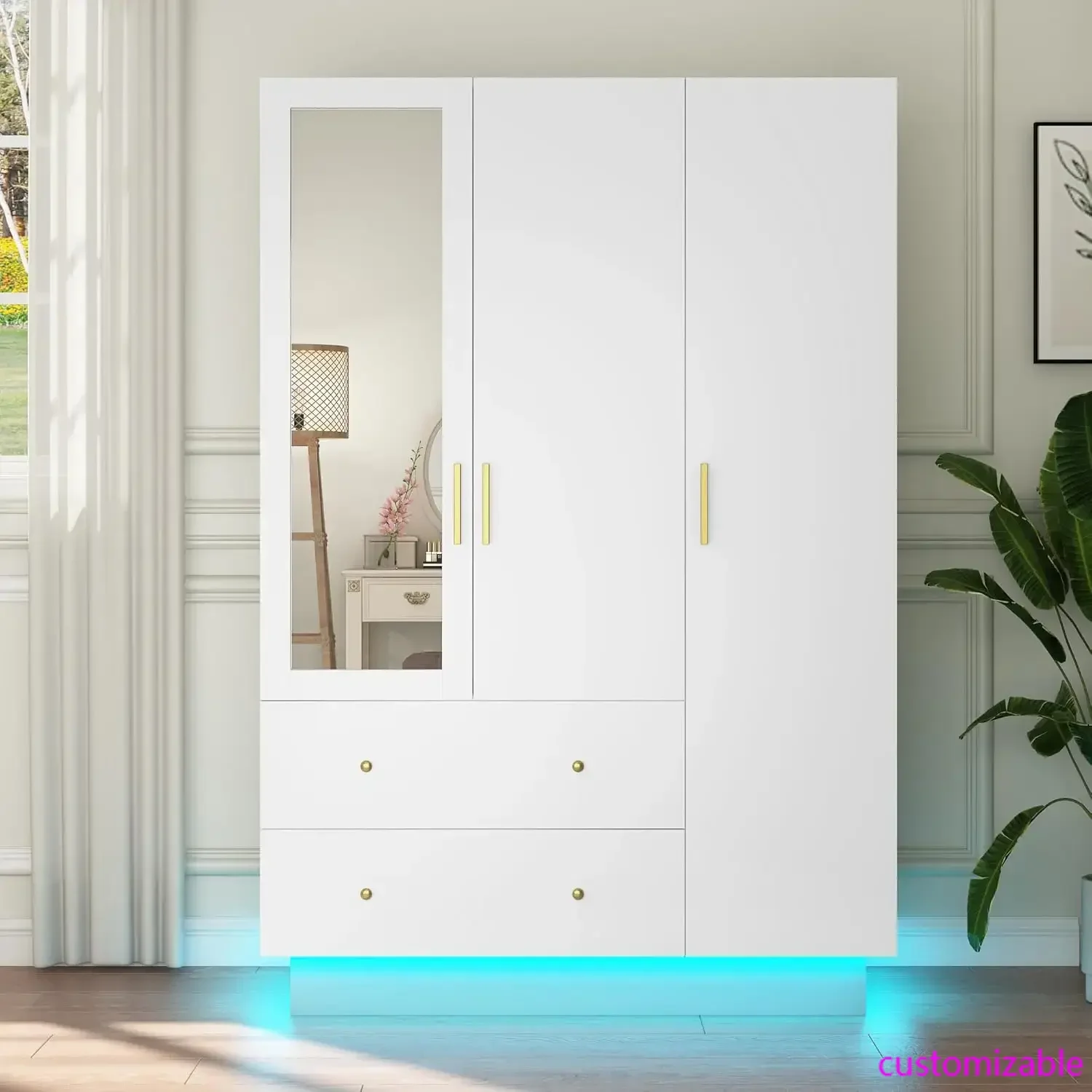 Armario de 3 puertas con espejo y luz LED, armario de almacenamiento de gran capacidad para dormitorio, blanco