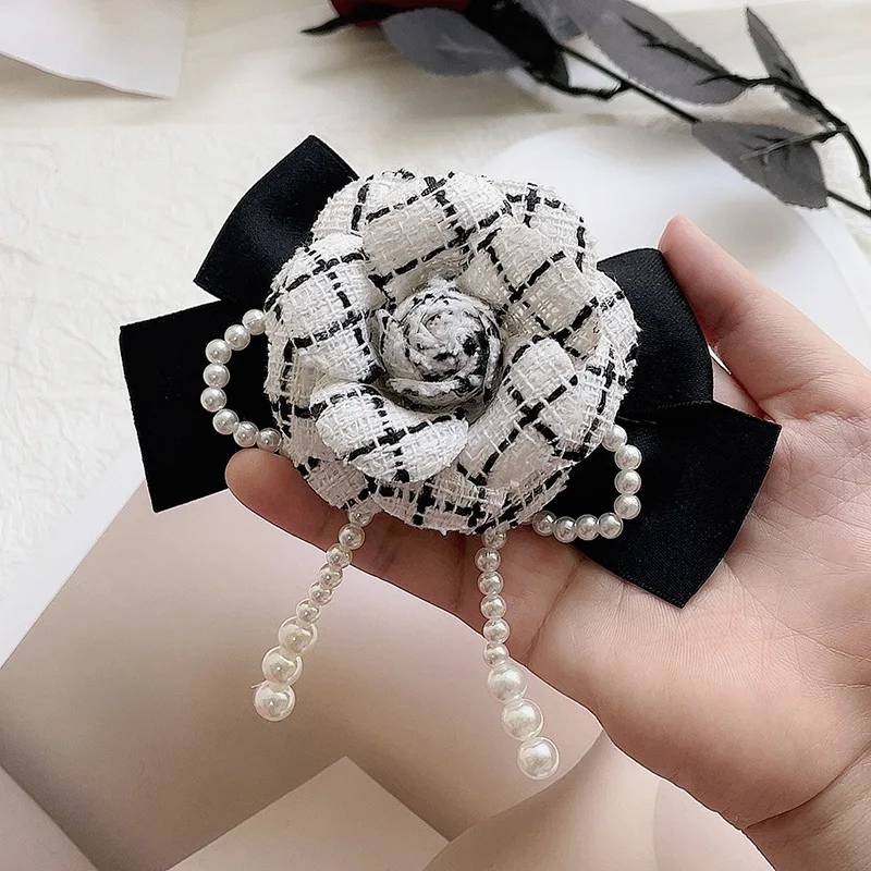 Retro Fabric Camellia Brooch Pearl Tassel Corsage Ribbon Flower Bow Shirt Collar Pins Fashion Wedding Party Badge Accessories