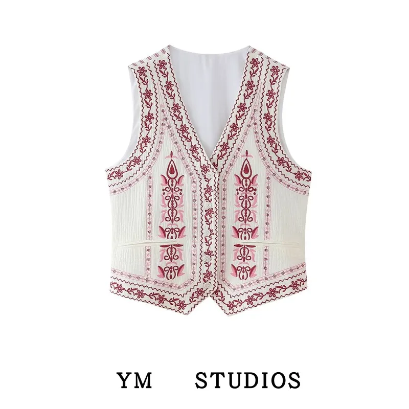 

Retro Heavy Embroidery Single Button Waist-Cinching Striped Vest Women's Summer Faionable Crop Top V-ne ort Length