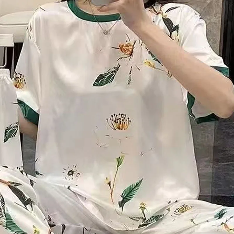 Milk Silk Pyjamas Female Green Leaves Cartoon Sweet and Lovely Three-Piece Ladies Homewear Sets Large Size Silk