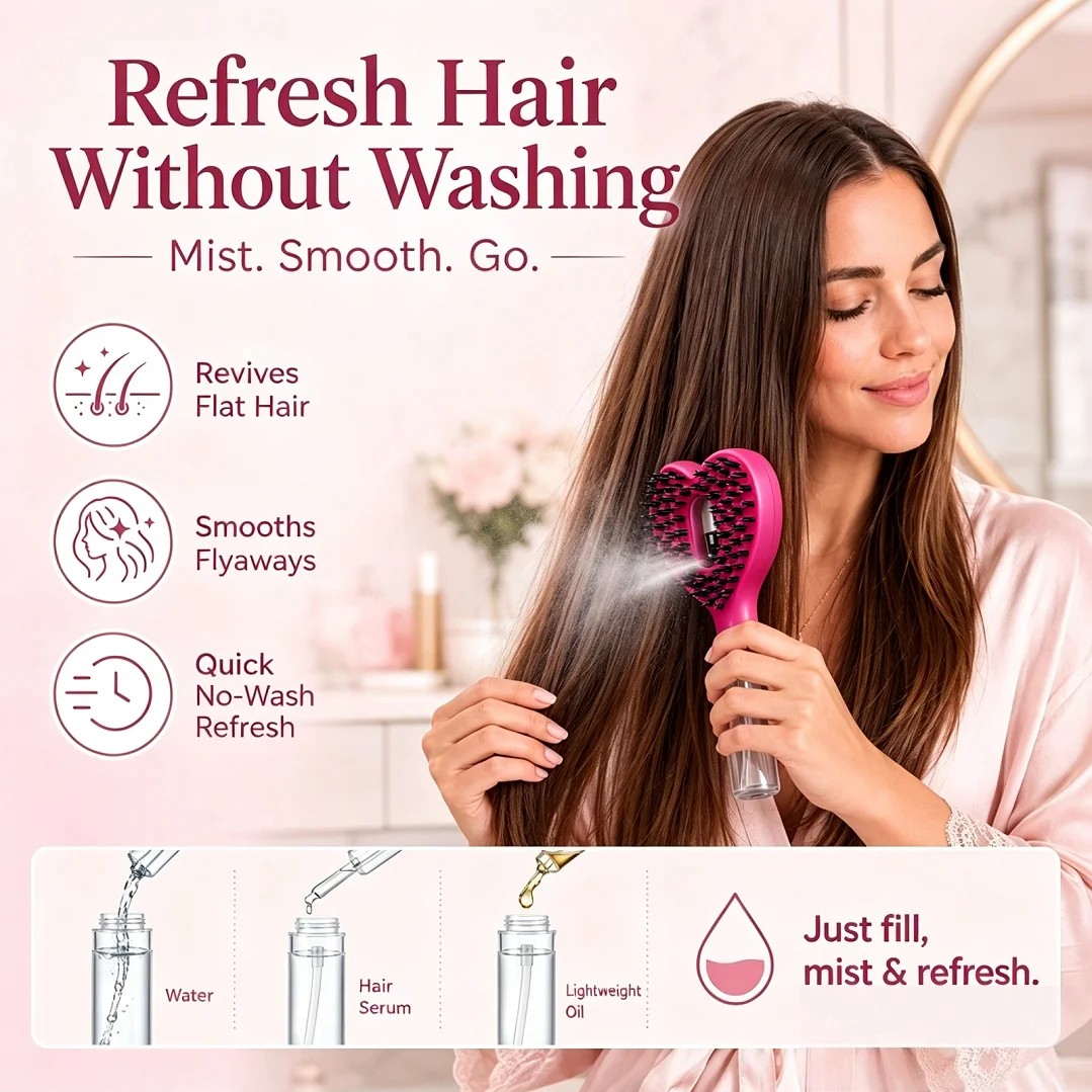 Pink Spray Hair Brush Heart Shaped Water Mist Detangling Comb Refillable Liquid Container Handheld Beauty Paddle Styling Tool