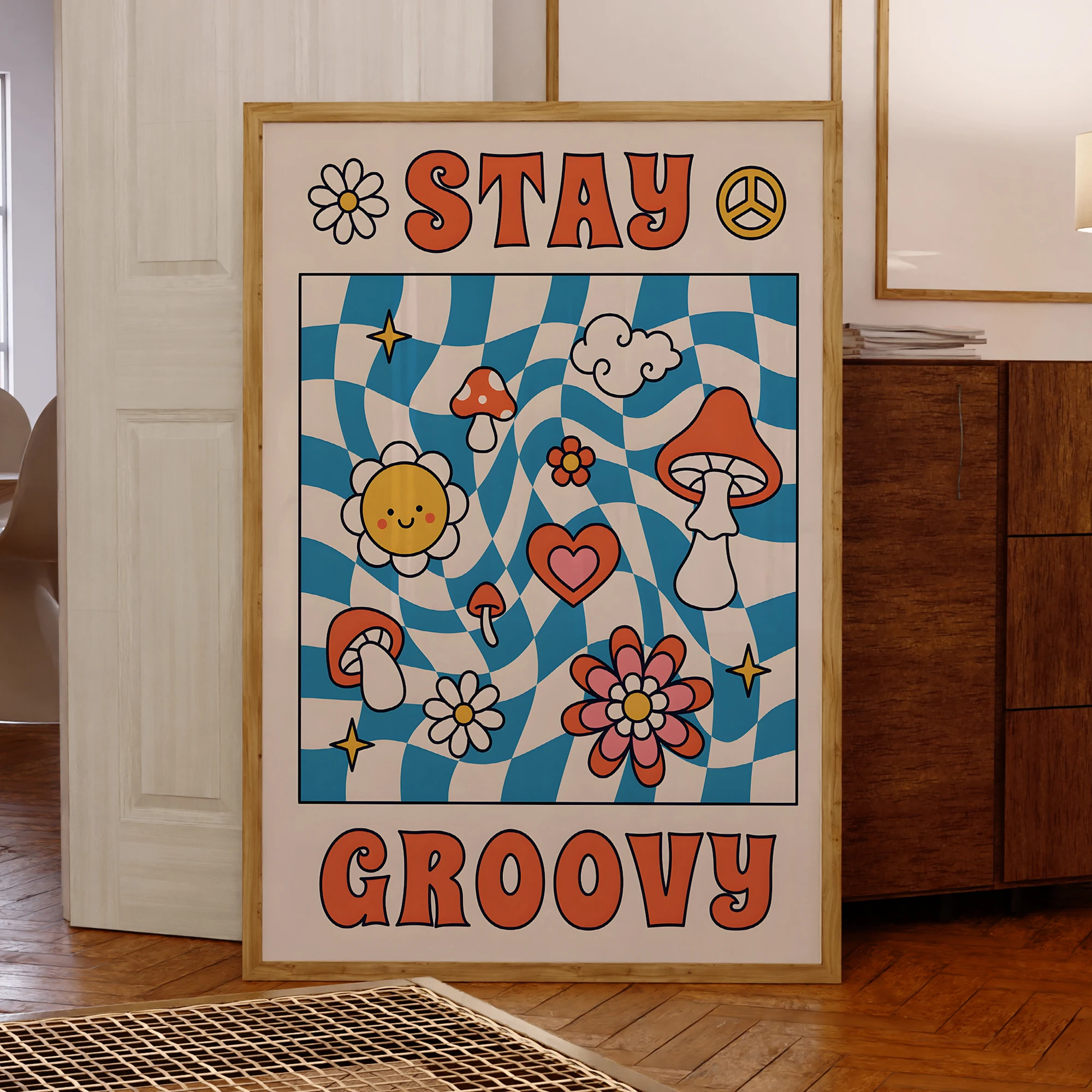 Modern Stay Groovy Illustration Wall Art Aluminum Frame Prints Canvas Painting Poster Picture For Living Room Home Decor