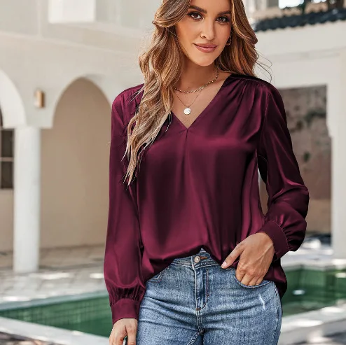 2025 Women New Solid Color Chiffon Shirt V-neck Pullover Flared Long Sleeved Top Shirt Office Lady Elegant Khaki Loose Blouses