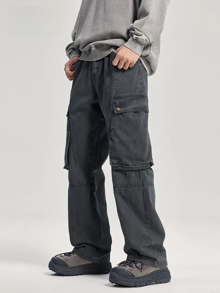 

JFU винтажные американские осенне-зимние повседневные брюки с тяжелой талией, широкие мужские рабочие брюки с большими краями, модные брюки...