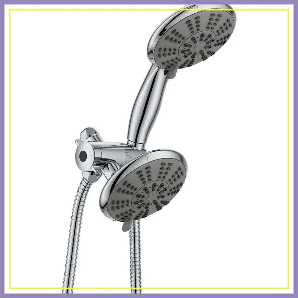 

5-Inch Anti-Clog High Pressure 3-Way Dual Shower Head with Handheld Spray - 5-Spray Setting, Brass Connector, 5ft Stainless Steel Hose, All Chrome