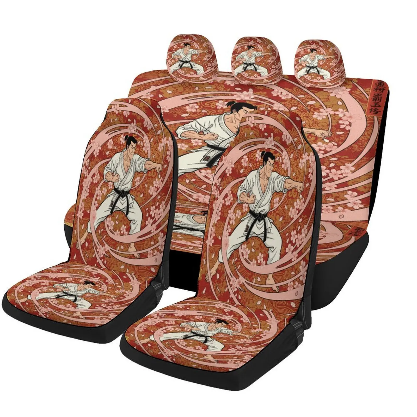 Martial Arts Spiral Themed Car Seat Cover Set - Trendy High-Quality Polyester Full Set For 2 Front & Rear Seats, Universal Fit F