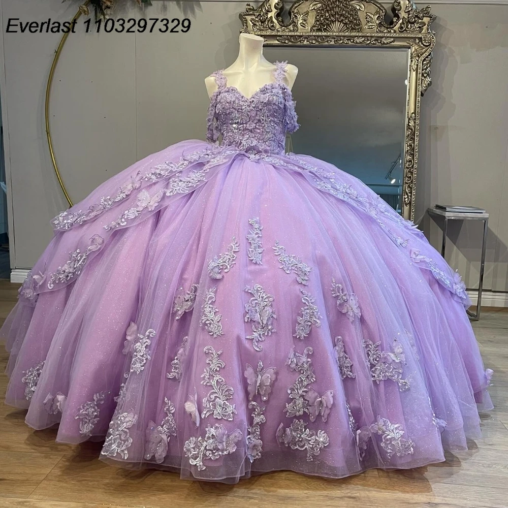 

EVLAST Shiny Lavender Quinceanera Dress Ball Gown Lace Applique Beading Tiered Mexican Corset Sweet 16 Vestido De 15 Anos TQD977