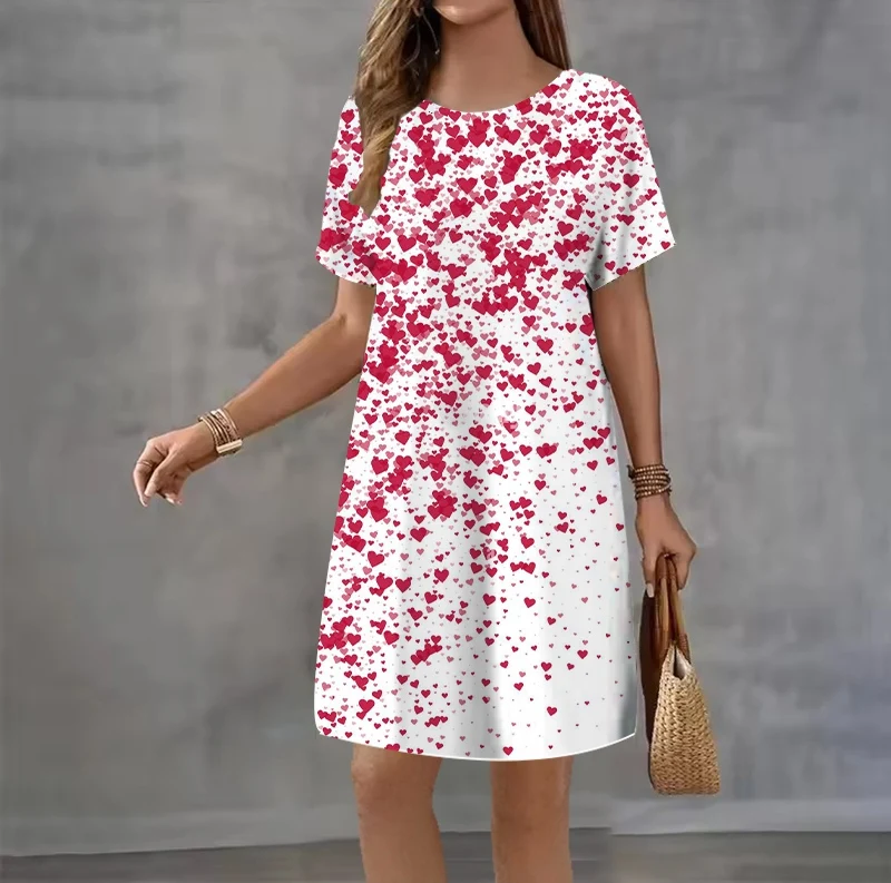 Sweet Summer Dress Big Size Women 3D Love Pattern Print Dress Casual O-Neck Short Sleeve Loose Dress Valentine's Day Party Dress