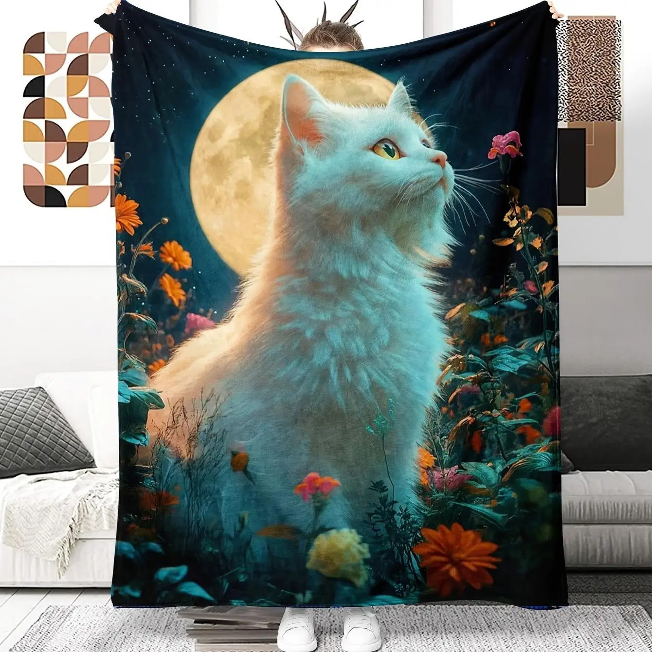 Cat Moonlight Garden Pattern Flannel printed blanket suitable for all seasons suitable for living room office sofa and travel