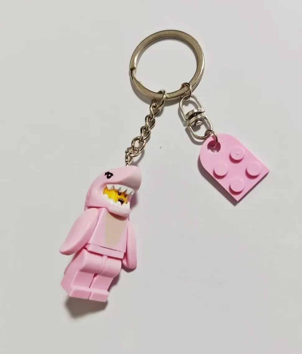 2pcs/set Cartoon Pink Blue Shark Keychain Heart-Shaped Building Block Splicing Couple Key Ring Bag Pendant Decor Props Love Gift
