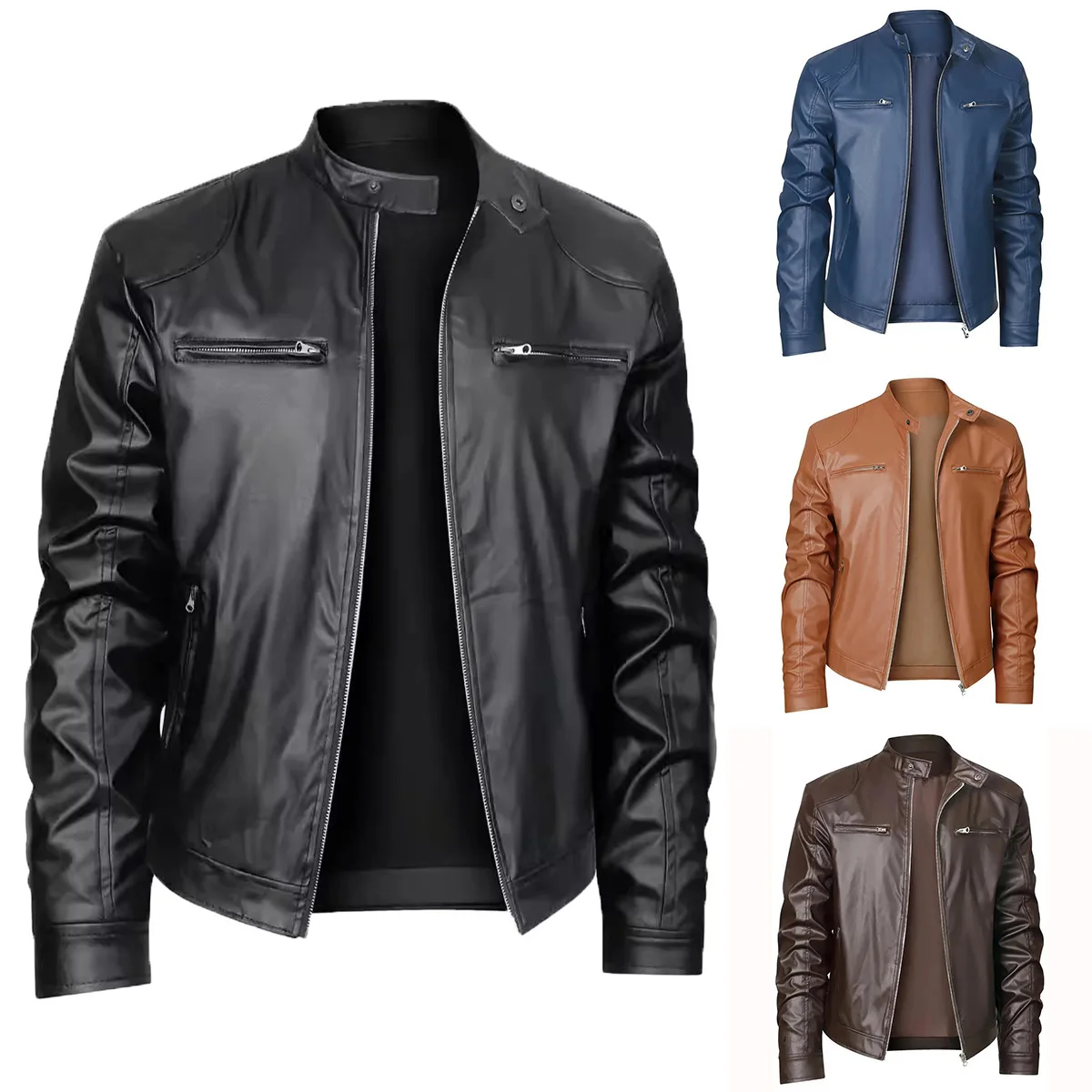 2024 high-quality men's stand up collar slim fit leather jacket with leather chain pocket decoration, motorcycle