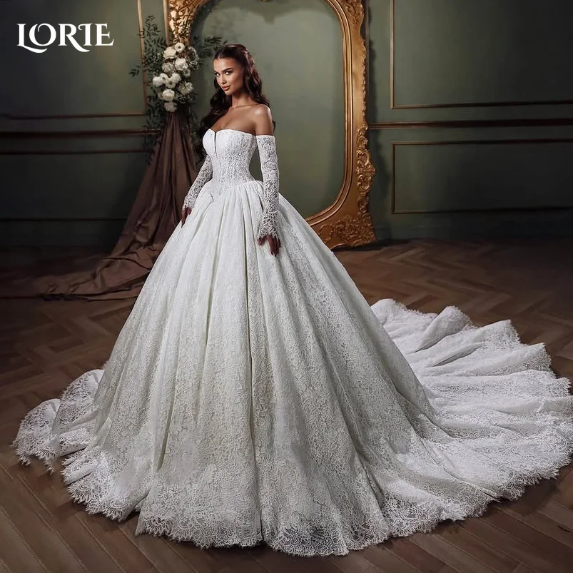 

LORIE Vintage Lace Wedding Dress Off Shoulder Long Sleeve A-line Bridal Gown Sweetheart Princess Ball Bride Dress Customized