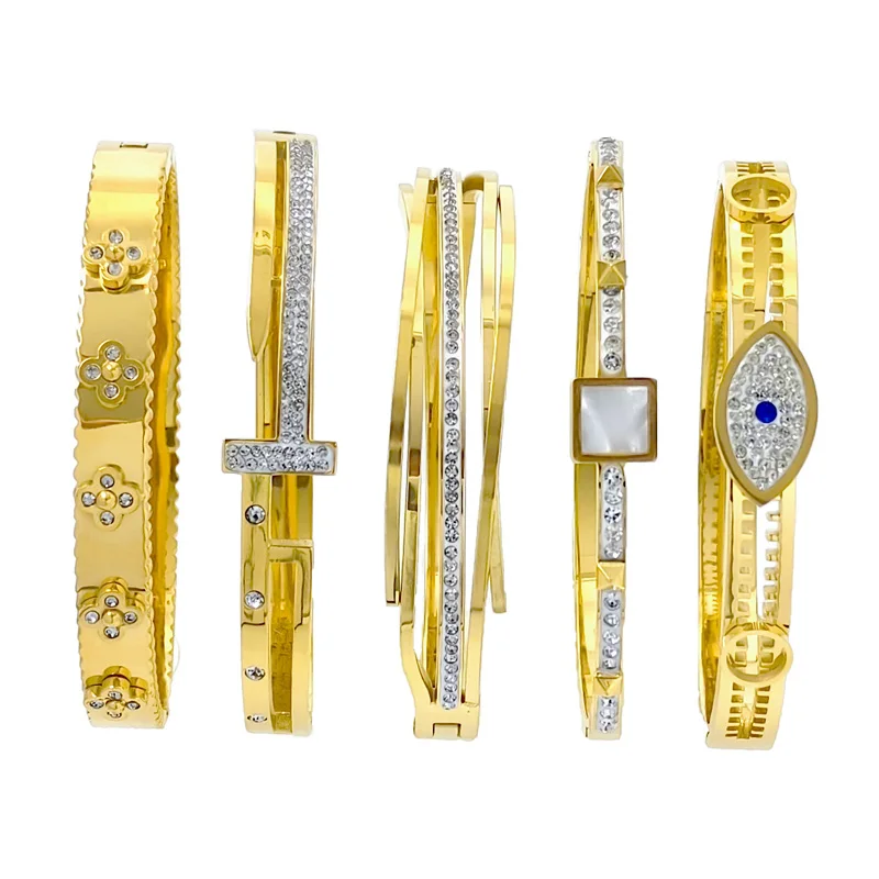 ZALMAN Stainless Steel CZ Crystals Bangles for Women Stainless Steel Gold Color Geometry Bangle Set Classic Jewelry