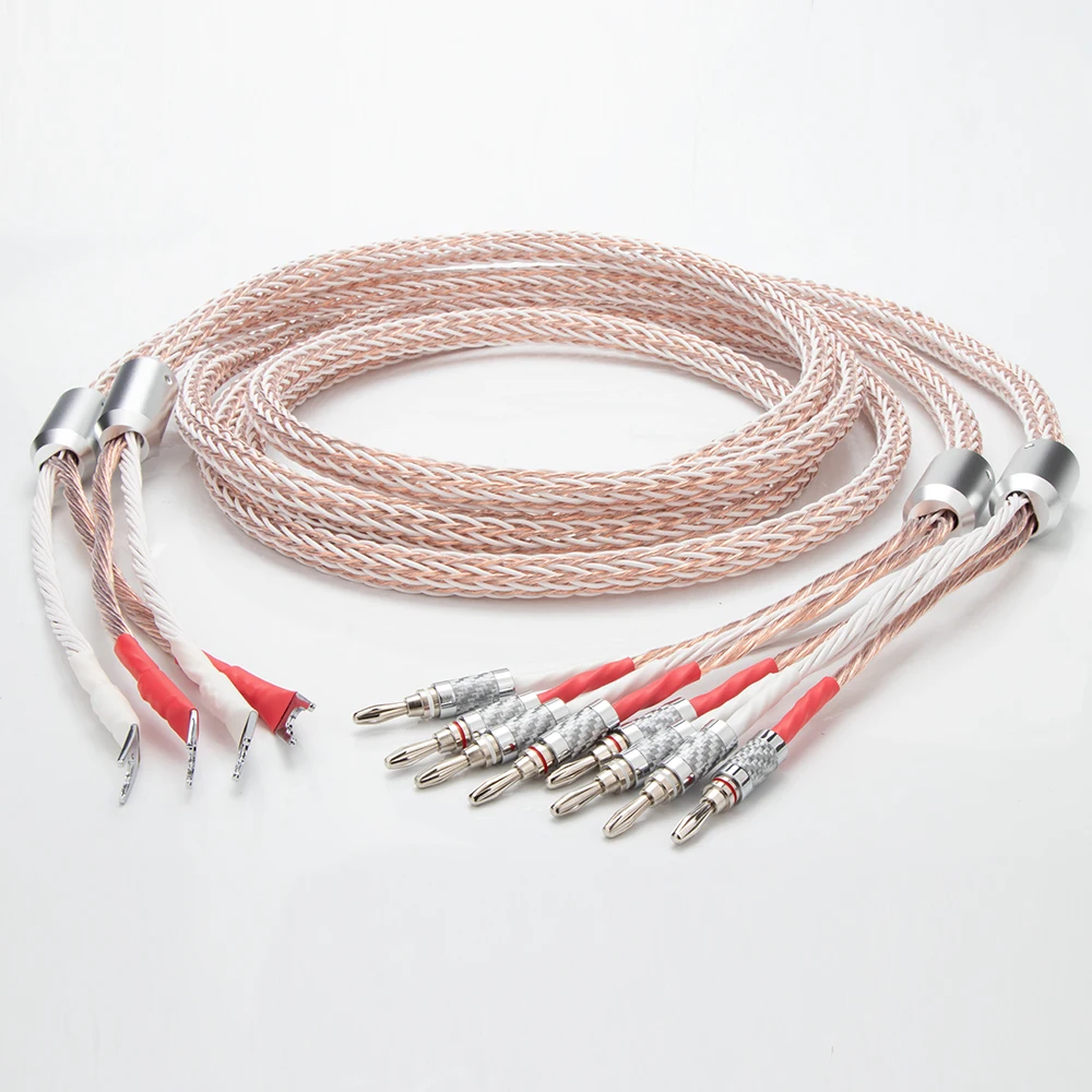 

High Quality 12TC 2 to 4 Hifi Speaker Cable 7N OCC Loudspeaker Wire With 2 Y-spade Plugs to 4 Lantern Type Banana Jacks