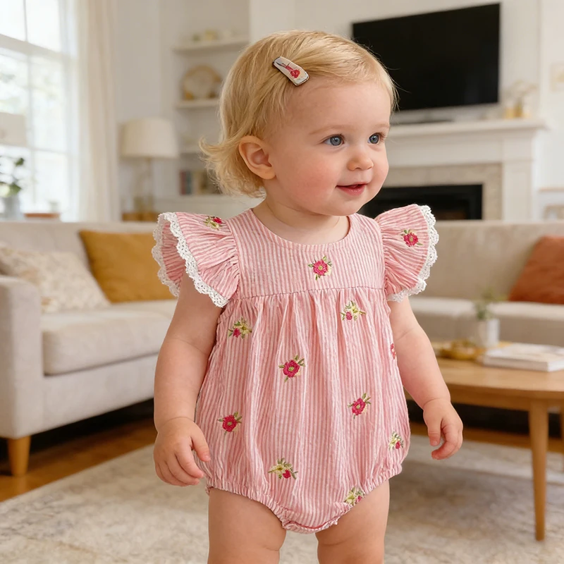 2026 New Summer 0-24M Toddler Baby Girls Flying Sleeve Cotton Striped Jumpsuit Floral Patterns Western Baby Girl One-piece