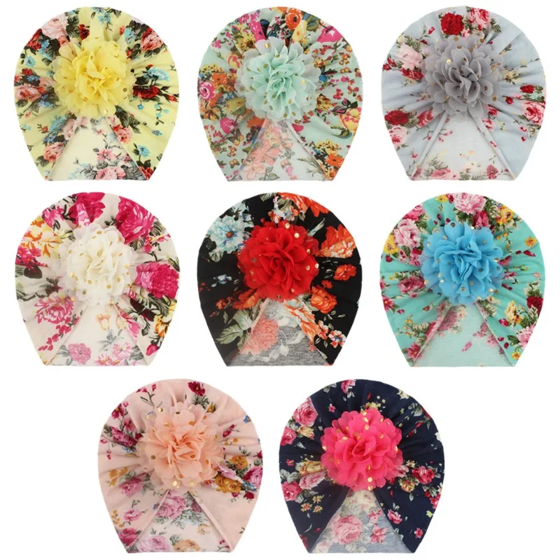 

8 Colors Baby Hat Flower Printed Headbands for Newborn Soft Cotton Baby Boys Girls Hat Comfortable Large Flower Printed Hats
