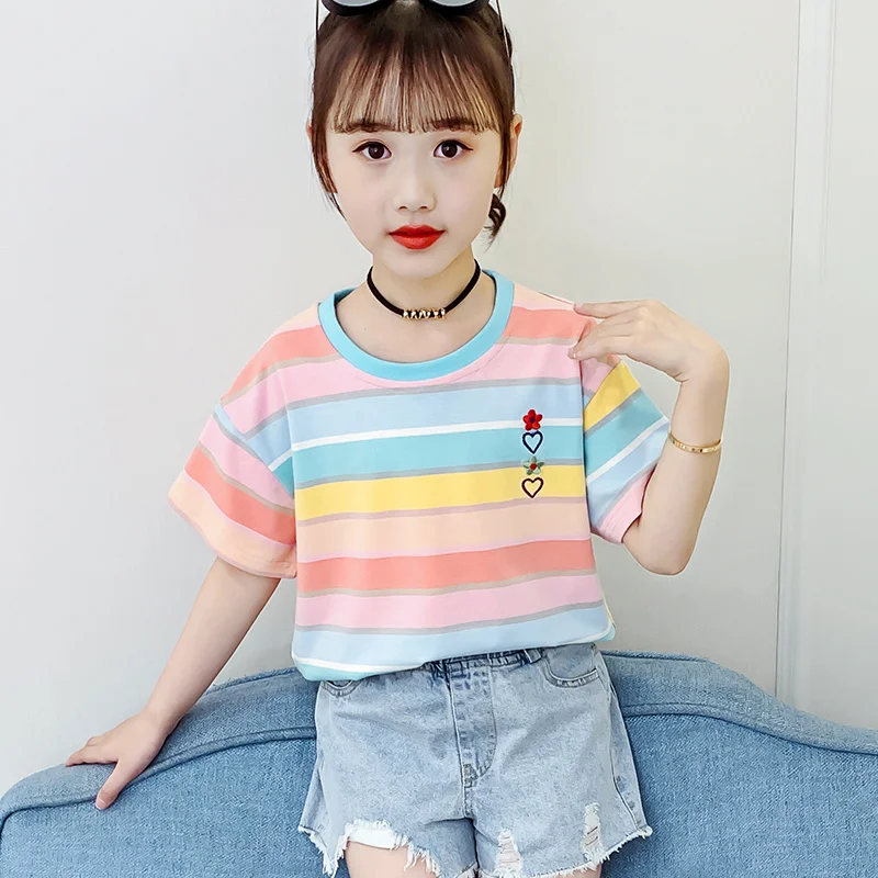 2026 New Girls Striped Cotton T-Shirt Summer Loose Fit Short Sleeve Top Korean Inspired Style for Big Kids Casual Wear