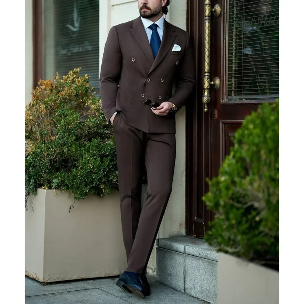

Brown Men Suits 2 Pieces Double Breasted Peaked Lapel Wedding Groom Evening Male Dress Party Sets Formal Casual Custom Suit