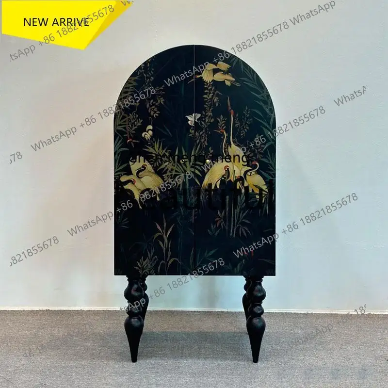 

X M132 Retro solid wood entrance wine cabinet, living room semi-round black display storage decorative cabinet against the wall