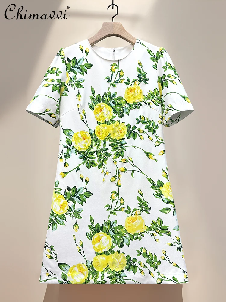 

Французское элегантное модное офисное женское платье с круглым вырезом и коротким рукавом с принтом из бисера и высокой талией, светское вечернее платье для женщин