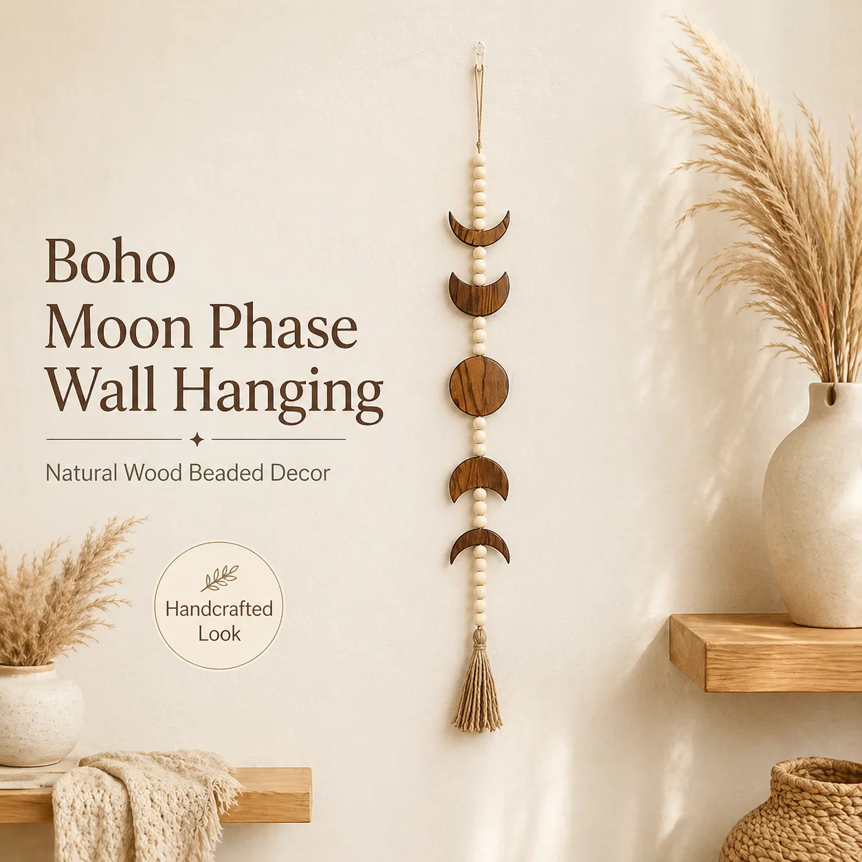 Boho Mondphasen Wandbehang Holzperlen-Girlande mit Quaste für Schlafzimmer Wohnzimmer Kinderzimmer Dekoration