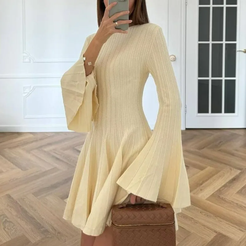 

Ticketsx Women Hollow Out Knit Dress Solid Ruched High Waist Long Sleeve Mini Dress Autumn Winter Season Ladies Fashion Vestidos