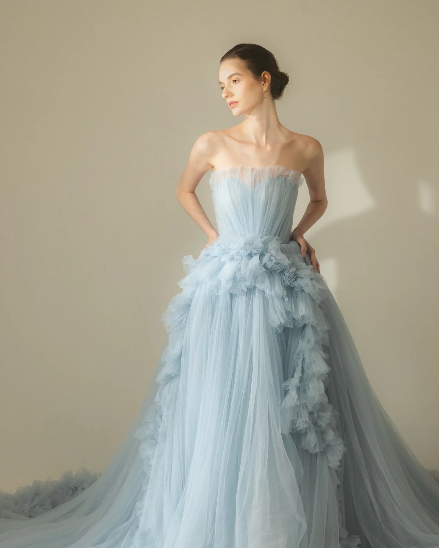 Dreamlike Light Blue Tulle Long Evening Dresses With Ruffles Trimmed Details Volume Tulle Fomal Party Dress Wedding Gowns