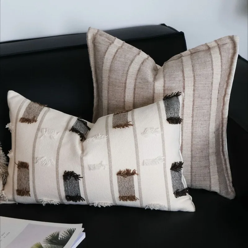 Vintage Beige Cushion Cover Neutral Beige Tassel Fringe Wabi Sabi Farmhouse Striped Textured Jacquard Pillow Case for Home Decor