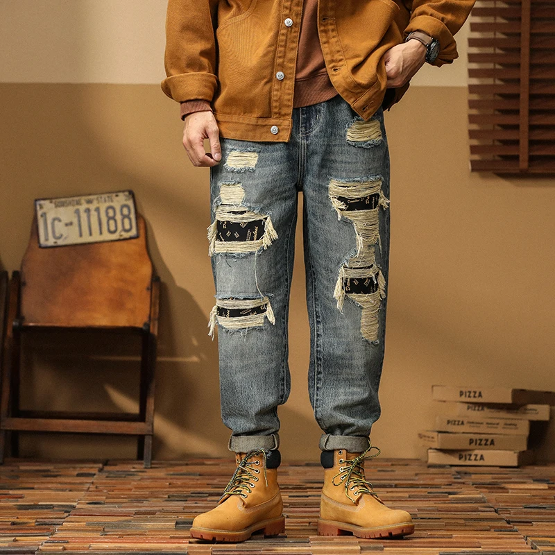 

American jeans for men loose straight leg ripped patch harem pants fashionable slimming and versatile casual pants baggy jeans