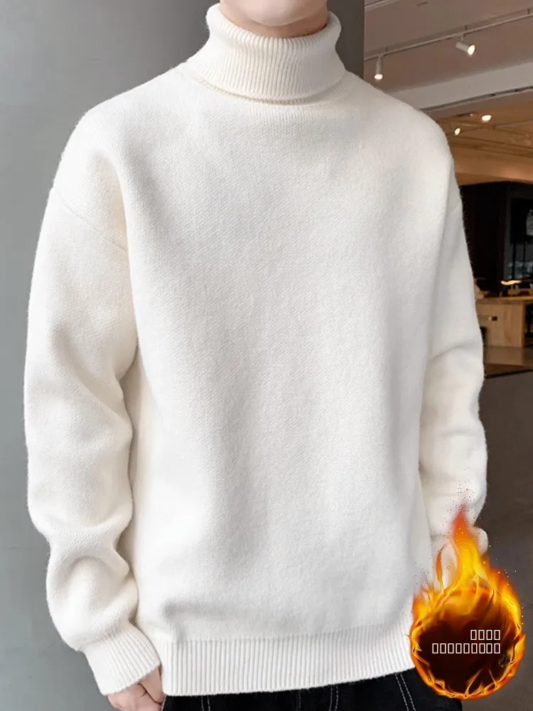 

Men's Knitted Sweater High Collar Fce Lined Thi Warm Trendy Brand Fall Winter Color Slim Fit Long Sve Casual Wear