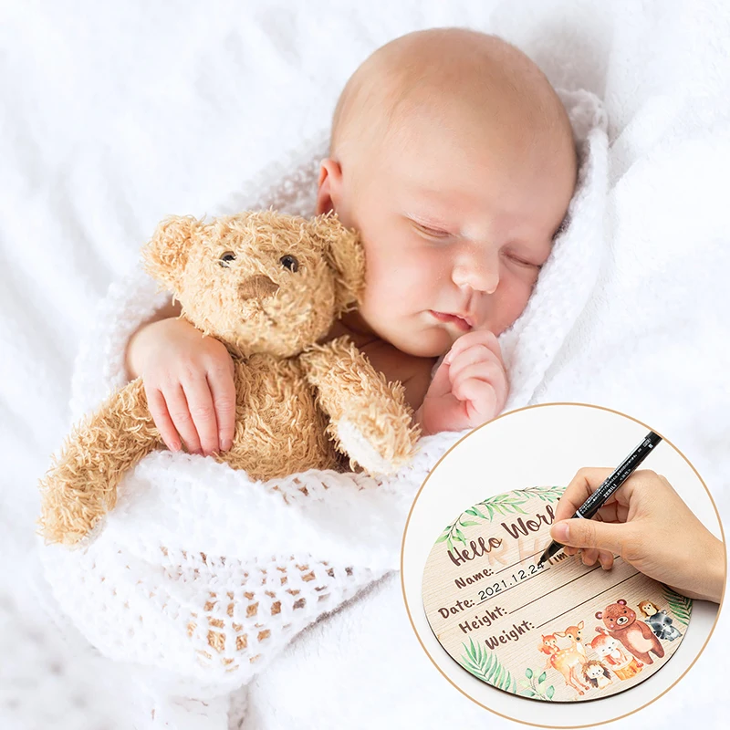 Baby Birth Announcement Sign with Marker Pen Wooden Double-sided Hello World Cute Animal Cartoon Announcing Newborn Information