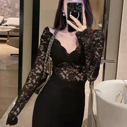 2023 New Spring and Autumn Fashion Western Style Slim Fit Sexy V-neck Mesh Hollow Solid Color Versatile Women's T-shirt