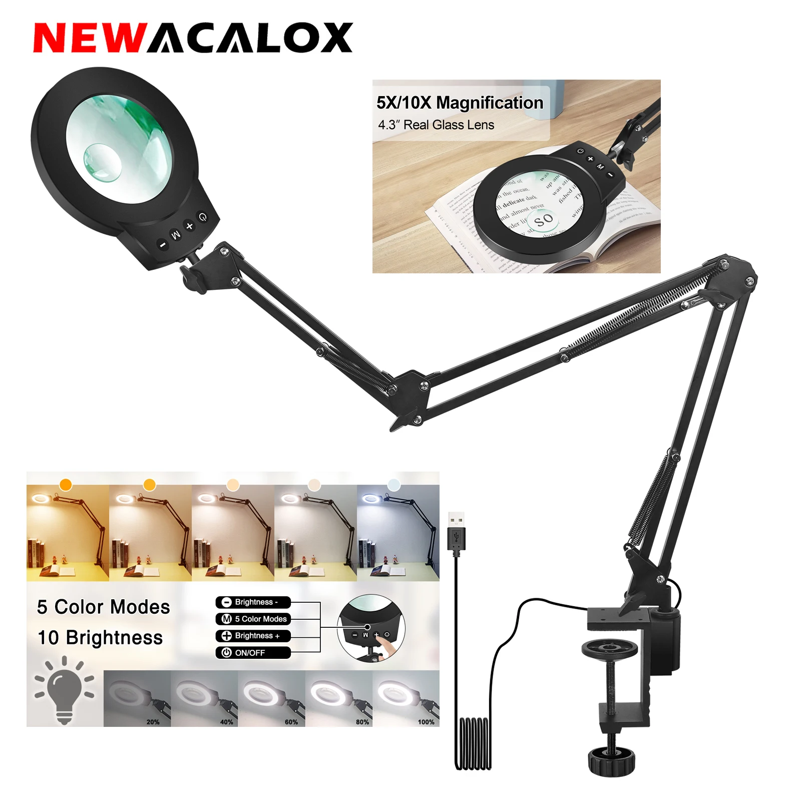 NEWACALOX 10X/5X Magnifier 5 Colors Illuminated Magnifying Glass Touch Control Table Lamp for Soldering Close Work RepairingTool