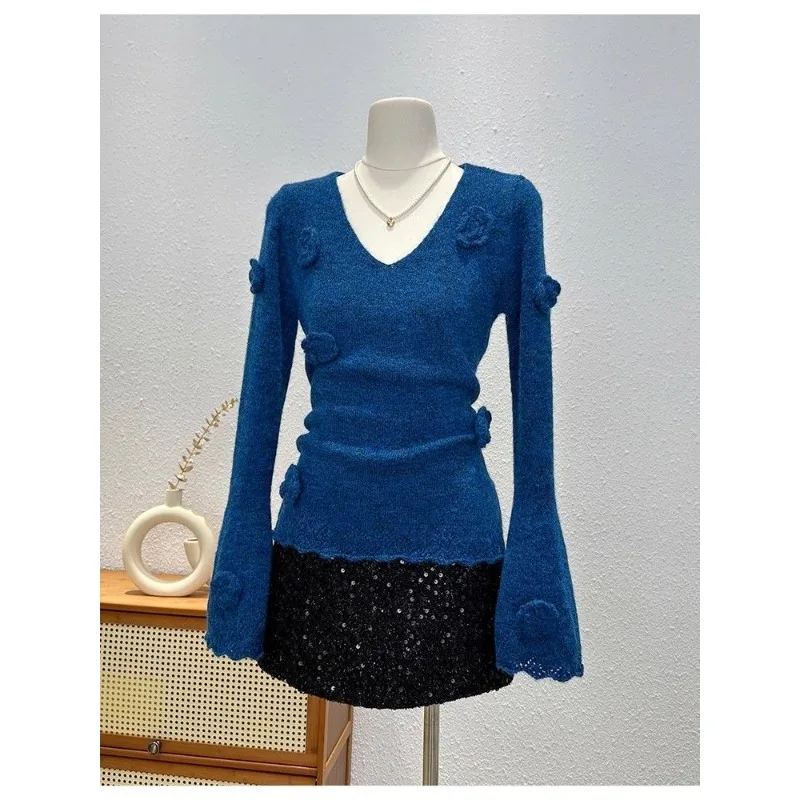 تصميم غربي عصري محبوك المرأة الخريف الشتاء أنيقة جرس كم سترة الخامس الرقبة الأعلى