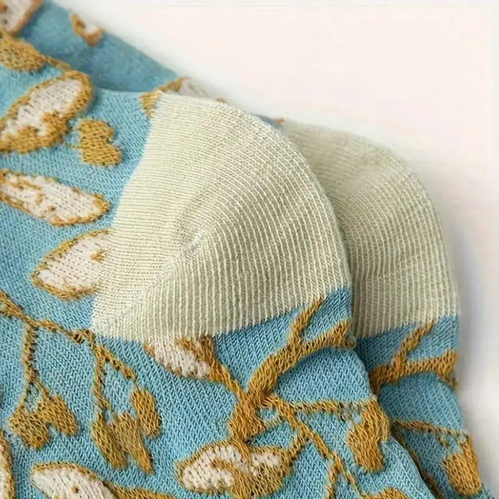 5 Pairs Vintage Japanese Floral Textured Socks Mid Calf 3D Textured 3D Embroidery Stockings Boho Ethnic Cotton Socks All-Season