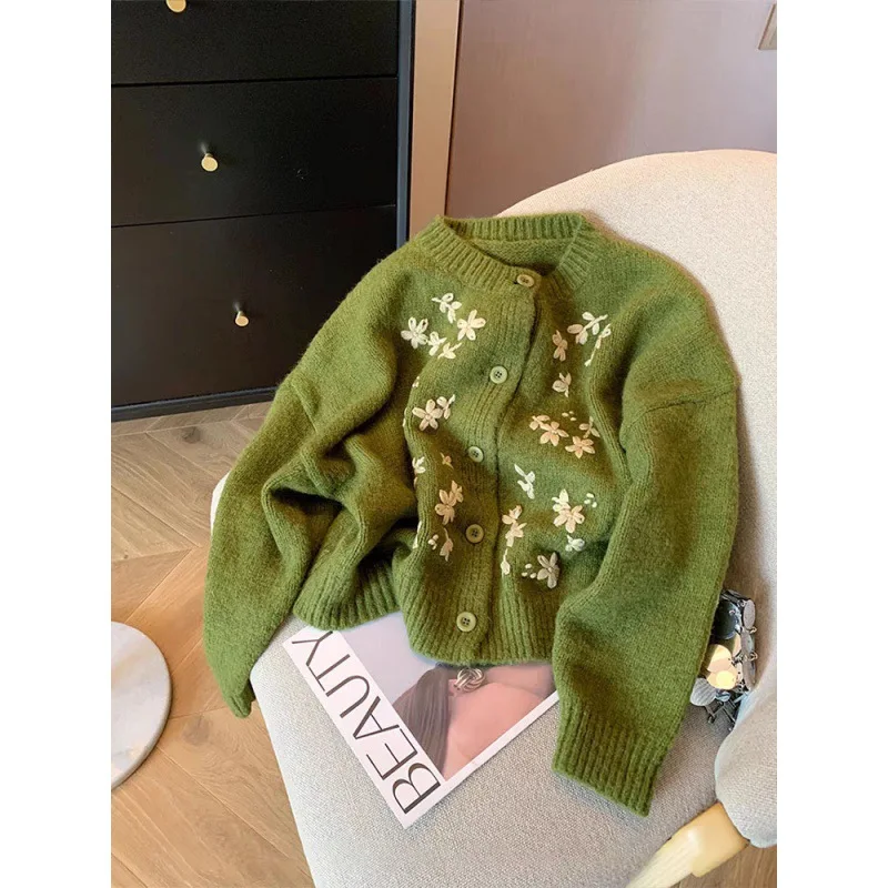 Green Crochet Knitted Sweater Women\'s Retro Soft  Embroidery Loose Long Sleeved Jacket Round Neck Single Breasted Cardigan Top