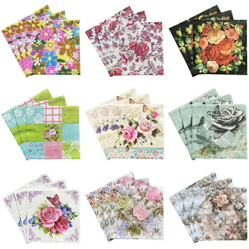 20pcs Vintage Flower Pattern Napkins Disposable Paper Towels Tissue for Wedding Birthday Party Decoration Festive Handkerchiefs