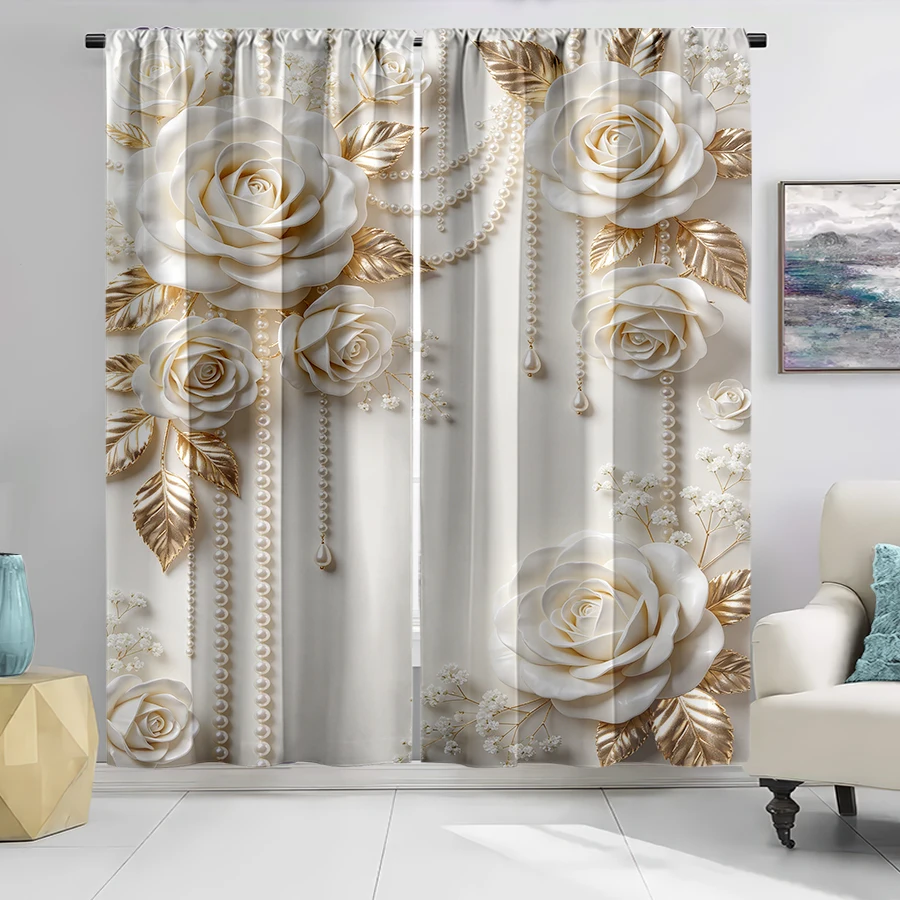 2PCS Curtains, Cream White, 3D White Rose, Golden Leaf & Pearl Embossed Pattern, for Bedroom, Living Room, Rod Pocket Style