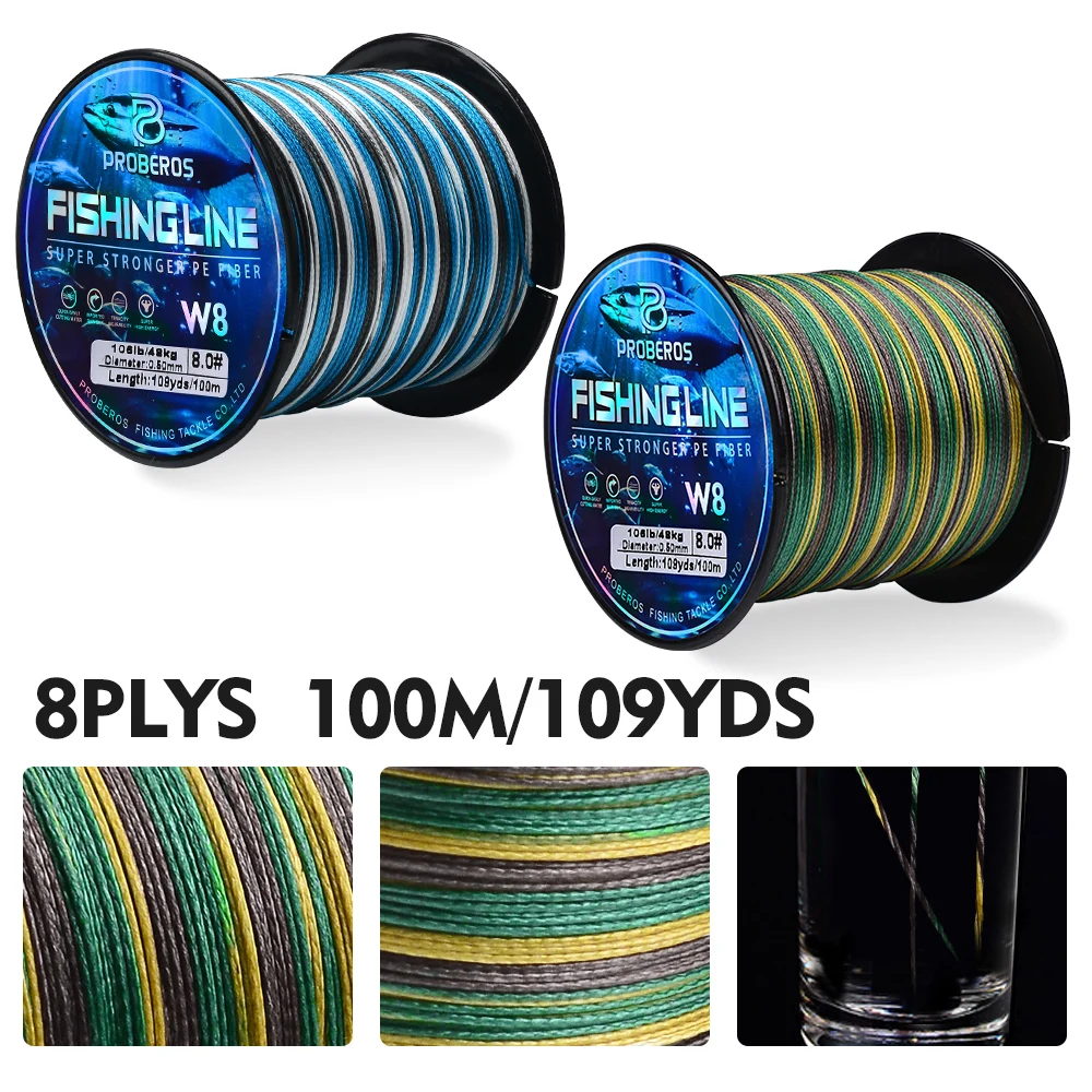 Proberos 8-ستراند خط الصيد متعدد الشعيرات PE المضادة للتآكل خط مضفر الأزرق كامو 20-106LB 109yds