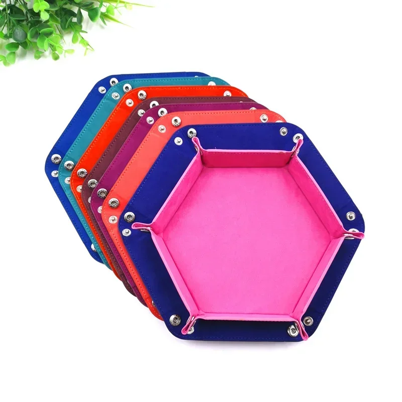 Rolling Folding Hexagon Dice Game Storage Tray PU Leather&Velvet Mat Holder Double Sided Thick Office Supplies Storage Tools