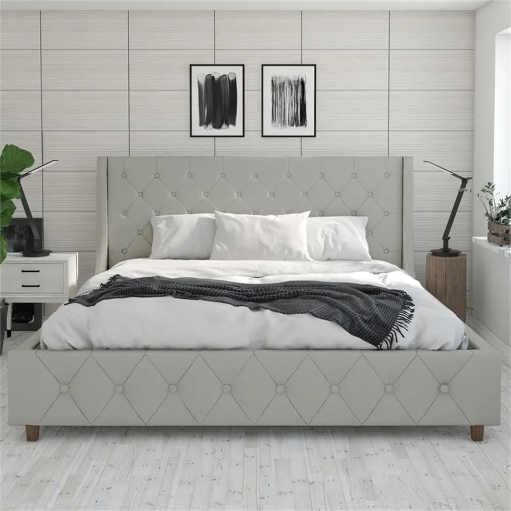 by Cosmopolitan Mercer Upholstered Platform Bed Frame, King, Light Gray Linen image 4